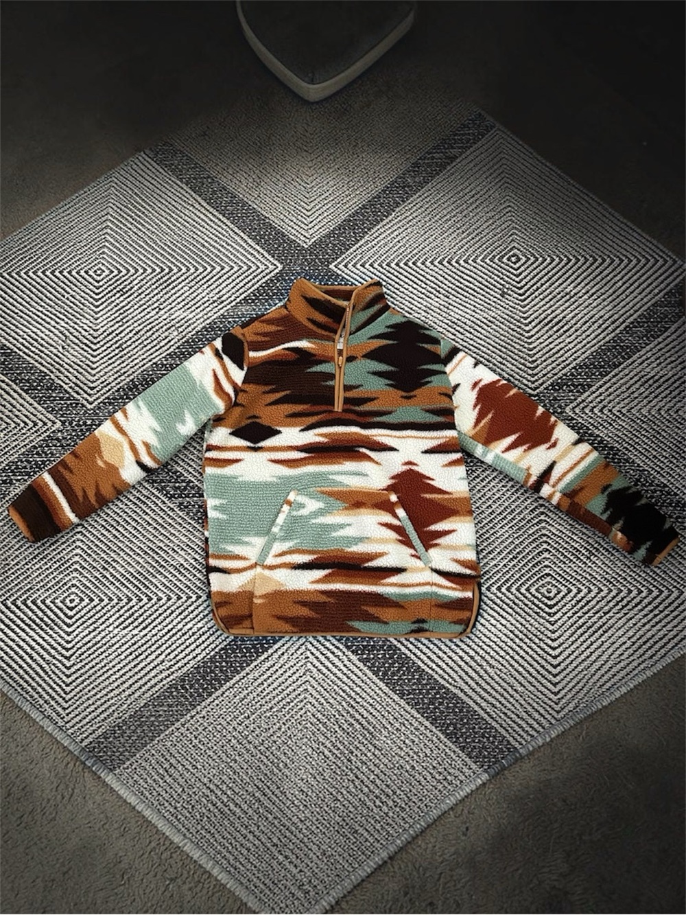 Wrangler Aztec Half-Zip Sweater in Mint, Brown & Rust